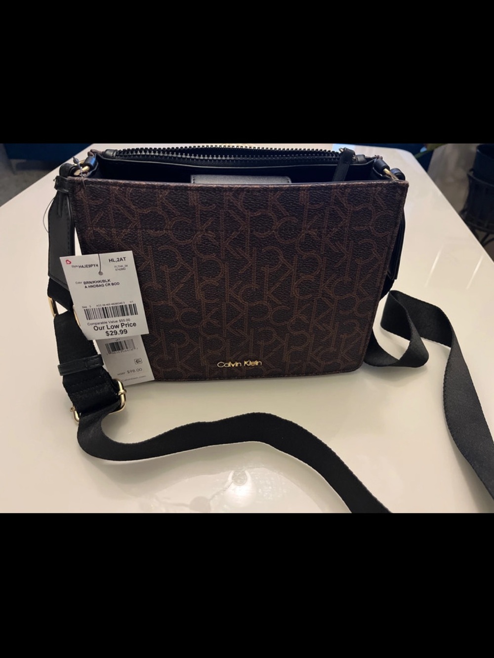 Calvin Klein Monogram Brown Crossbody with Adjustable Black Strap